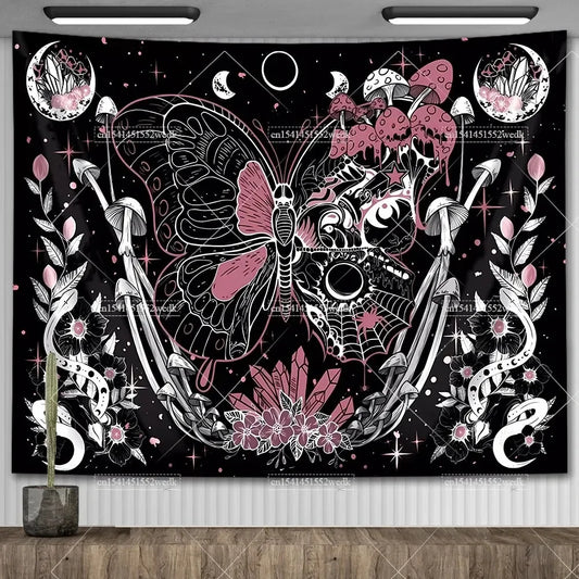 Skull Floral Tapestry – Mushroom Skeleton Goth Wall Hanging with Moth, Moon & Stars Design