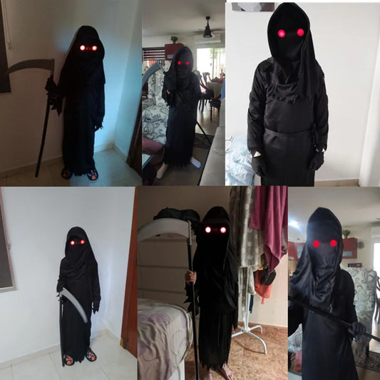 Halloween Grim Reaper Cosplay Costume for Children – Glowing Red Eyes Skeleton Robe with Scythe Props