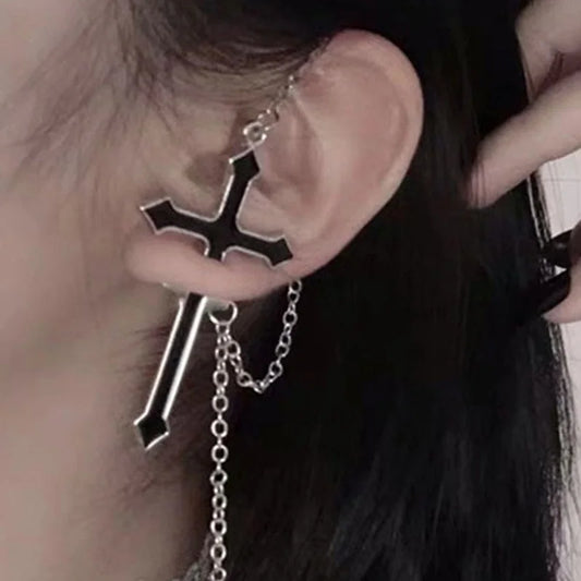 Dark Gothic Sword Earring – Big Cross Ear Piercing Stud for Women & Men