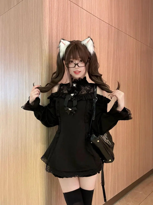Spring Japanese Retro Black Two-Piece Set – Chic Lace Dress & High Waist Slim Pants for Women