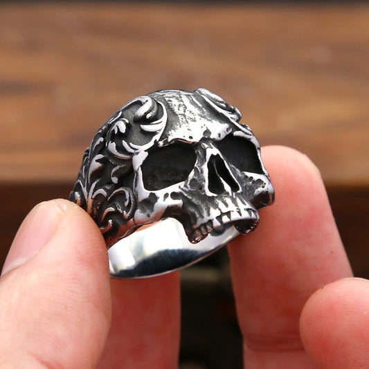 Vintage Fashion Flower Skull Ring for Men &amp; Women – Stainless Steel Punk Biker Jewelry