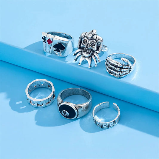 6pcs/Set Exaggerated Skull Poker Clown Joker Rings – Punk Y2K Goth Skeleton Men’s Jewelry Accessories