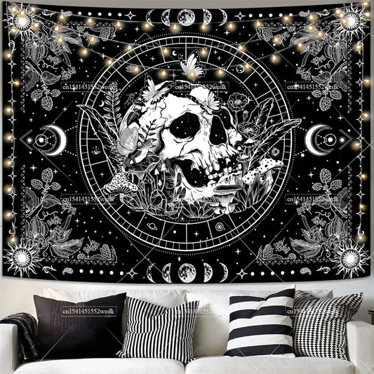 Black and White Skeleton Tapestry – Skull Mushroom Wall Hanging with Aesthetic Floral Plants for Bedroom Decor