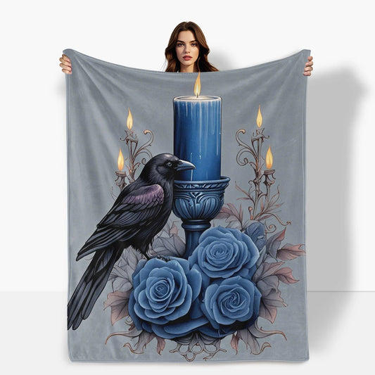 Gothic Raven with Candle and Blue Roses Blanket – Dark Aesthetic Home Decor & Unique Gift