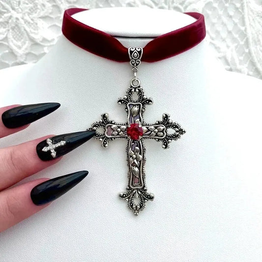 Classic Gothic Large Cross Black Velvet Necklace – Elegant Statement Jewelry for Her