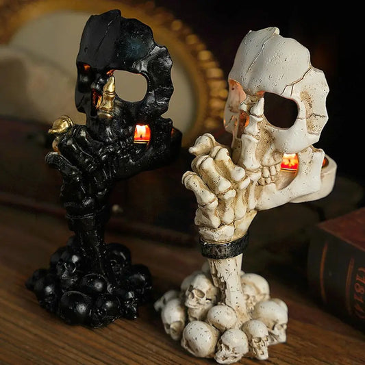 Halloween Skeleton Candlestick – Gothic Resin Candle Holder for Tea Lights & Table Decor