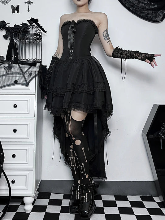 AltGoth Gothic Dark Halloween Black Dress – Women’s Palace Style Lace Patchwork Corset Dress