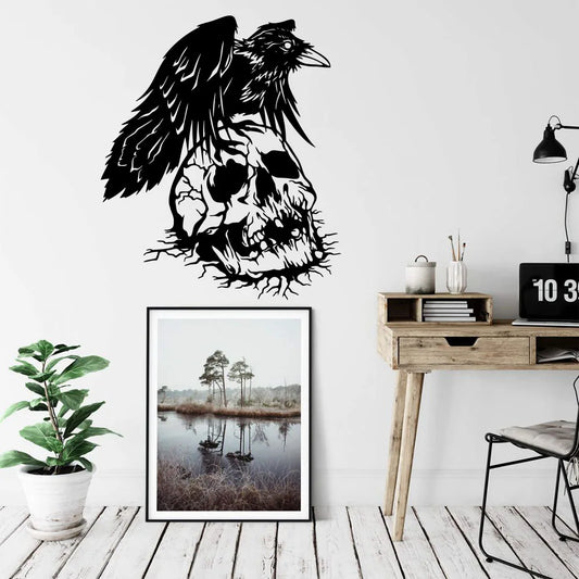 Graffiti Raven with Skull Wall Sticker – Animal Bird Skeleton Vinyl Decal for Playroom, Bedroom & Living Room Home Decor