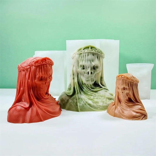 3D Masked Veil Skull Candle Silicone Mold – Halloween Skeleton Bust Resin & Wax Mould
