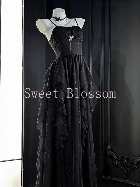 New Dark Academia Gothic Black 2-Piece Set for Women – Fluffy Dress & Chic Fitted Top