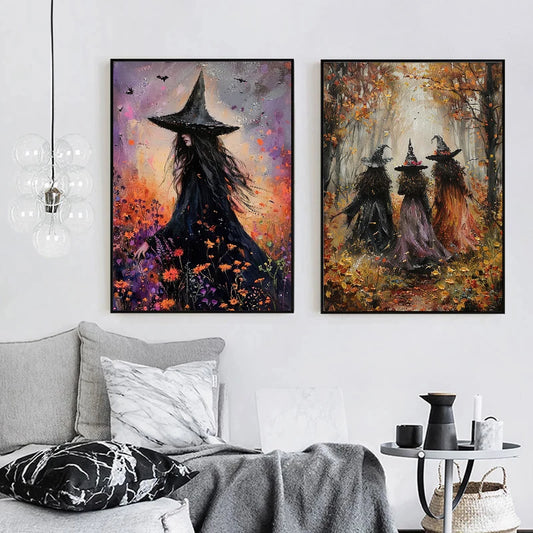 Vintage Young Earth Witch in Autumn Forest Poster – Dark Witchy Canvas Wall Art for Home Decor Short Description: Bring mystical forest vibes into your home with this Vintage Young Earth Witch in Aut