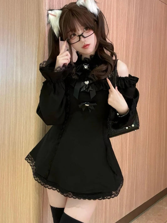 Spring Japanese Retro Black Two-Piece Set – Chic Lace Dress & High Waist Slim Pants for Women