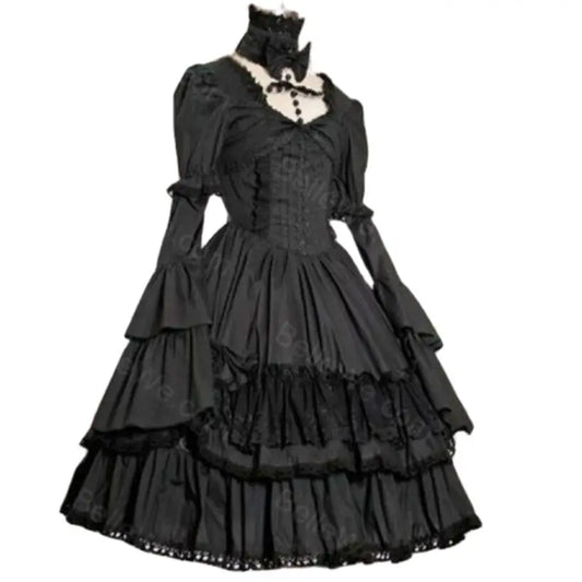 Autumn Spring Long Puff Flare Sleeve Gothic Vintage Lace Lolita Dress – Solid Black Ball Gown with Two-Way Wearing Customization
