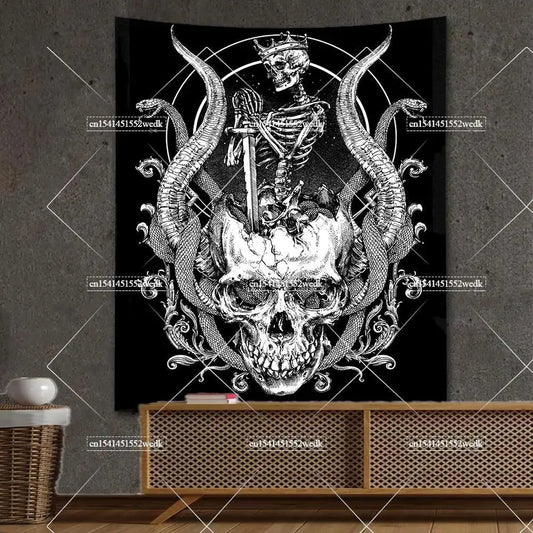 Goth Skull Tapestry – Devil Satanic Wall Hanging with Batwing Skeleton Design