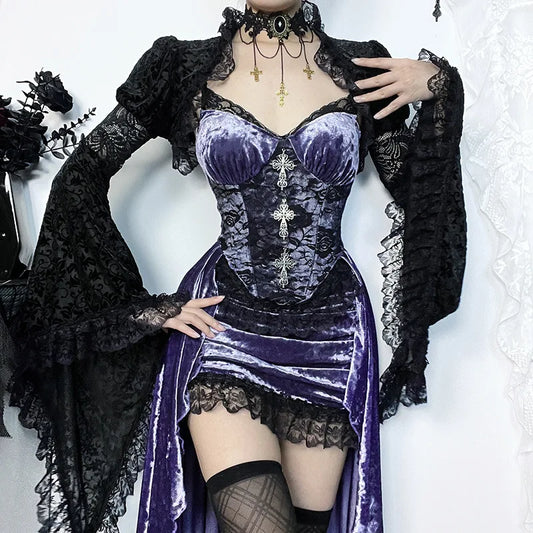 Goth Dark Gorgeous Victorian Velvet A-Line Dress – Elegant Evening Lolita Partywear with Lace Hem