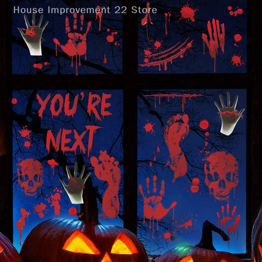 Halloween Blood Handprint Skull Wall Sticker – PVC Self-Adhesive Horror Decoration for Bedroom Background