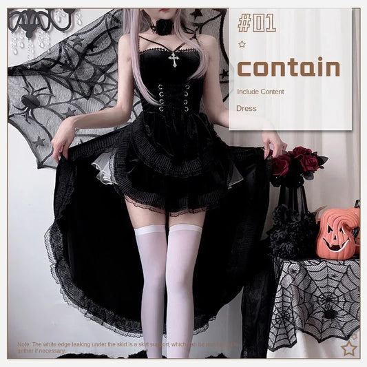 Vintage Dark Gothic Halloween Sexy Lace Dovetail Halter Dress – 2024 New Retro Witch, Demon, Vampire, Ghost Bridal Dress