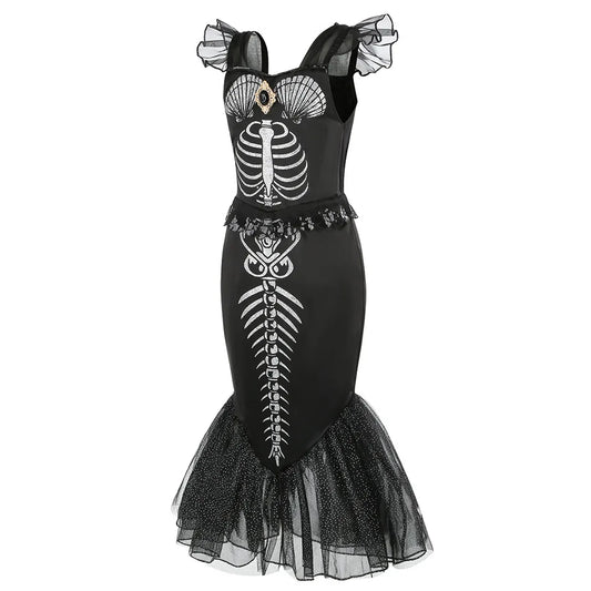 Horror Mermaid Skeleton Costume for Little Girls – Gothic Princess Trumpet Dress Black Ariel Siren Cosplay Frock