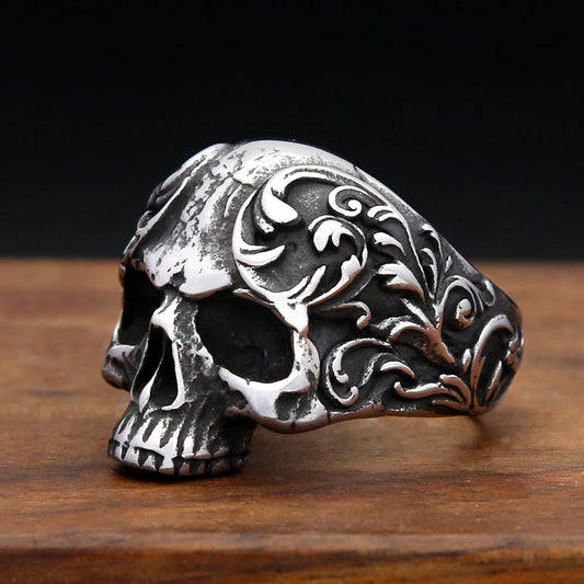Vintage Fashion Flower Skull Ring for Men &amp; Women – Stainless Steel Punk Biker Jewelry