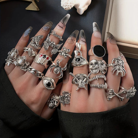 24Pcs/Set Punk Gothic Rings – Silver Skeleton, Spider, Poker, Joker, Eyes & Heart Designs for Men