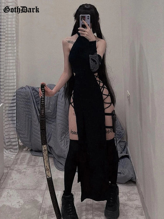 Goth Dark Cosplay High Split Sexy Bandage Women’s Dress – Y2K Mall Gothic Halter Slim Midi Dress Black Grunge Style Alt Partywear