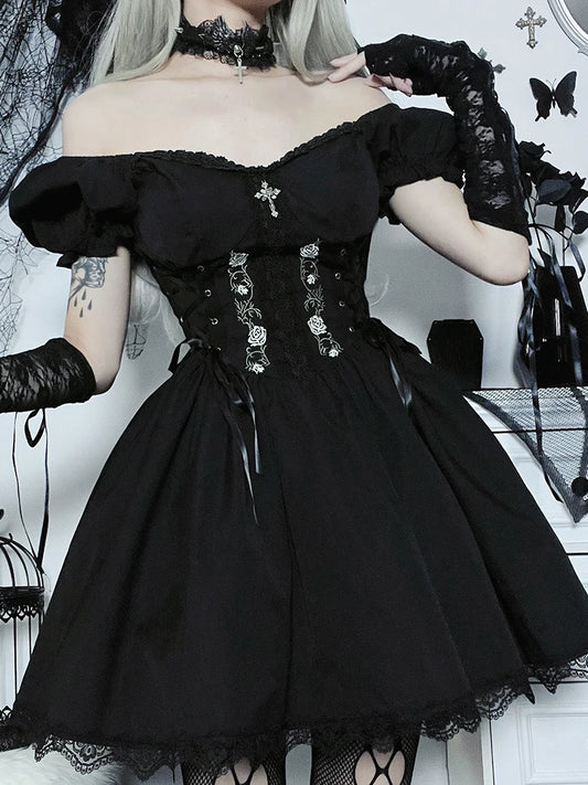 AltGoth Vintage Gothic Princess Dress – Harajuku Lace-Up Cross Corset Lolita Dress for Women