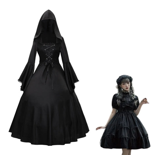 Gothic Medieval Dress – Retro Fashion Big Swing Lace-Up Hooded Dress with Flare Sleeves