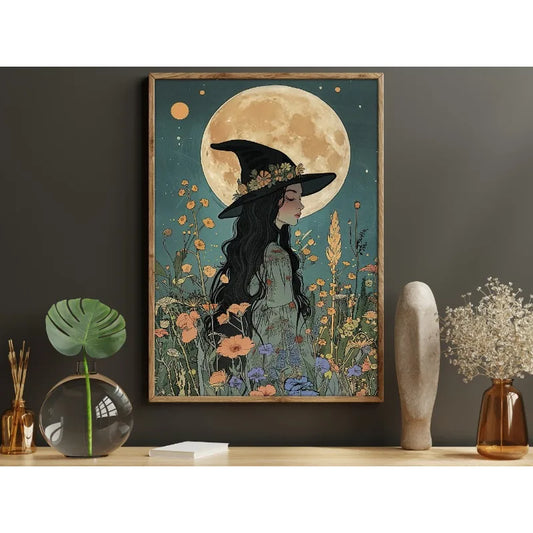 Vintage Young Earth Witch in Autumn Forest Poster – Dark Witchy Canvas Wall Art for Home Decor Short Description: Bring mystical forest vibes into your home with this Vintage Young Earth Witch in Aut