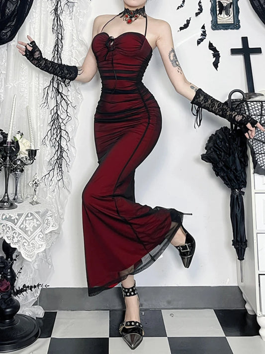 AltGoth Gothic Dark Red Dress – Vintage Aesthetic Fairy Grunge Sleeveless Halter High Waist Dress for Women