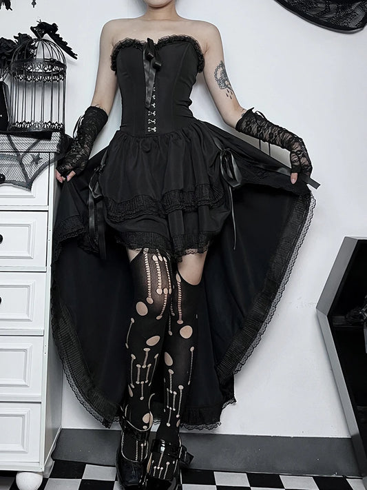 AltGoth Gothic Dark Halloween Black Dress – Women’s Palace Style Lace Patchwork Corset Dress