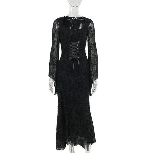 Aesthetic Vintage Flocking Dress – Women’s Mall Gothic Dark Emo Flare Sleeve Square Collar High Waist Bandage Corset Dress