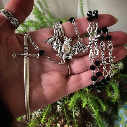 Gothic Occult Witchy Rosary Necklace – Tarot Sword Y2K Bat Beaded Wiccan Magic Jewelry