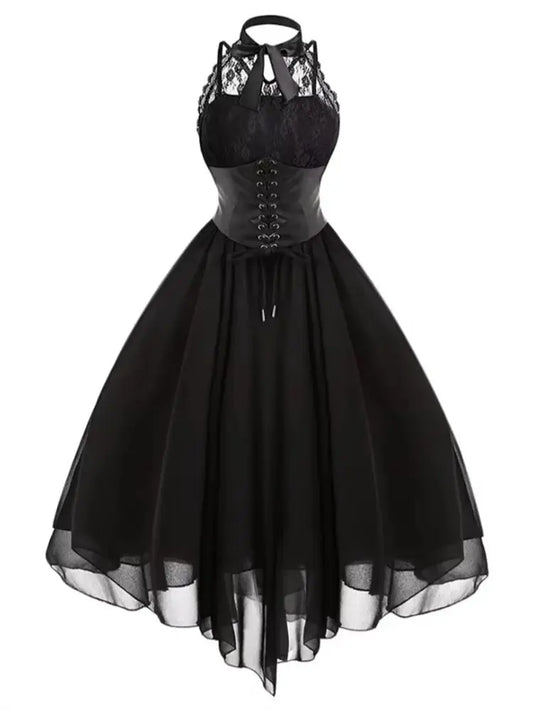 Women’s Black Gothic Punk Vintage Party Dress – Sleeveless Cross Back Lace Panel Corset Swing Dress
