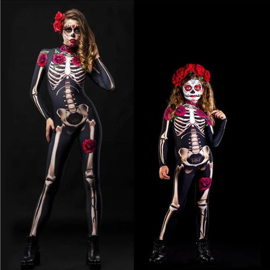 Rose Skeleton Adult &amp; Kids Scary Costume – Sexy Jumpsuit & Baby Girl Rompers for Halloween & Day of The Dead