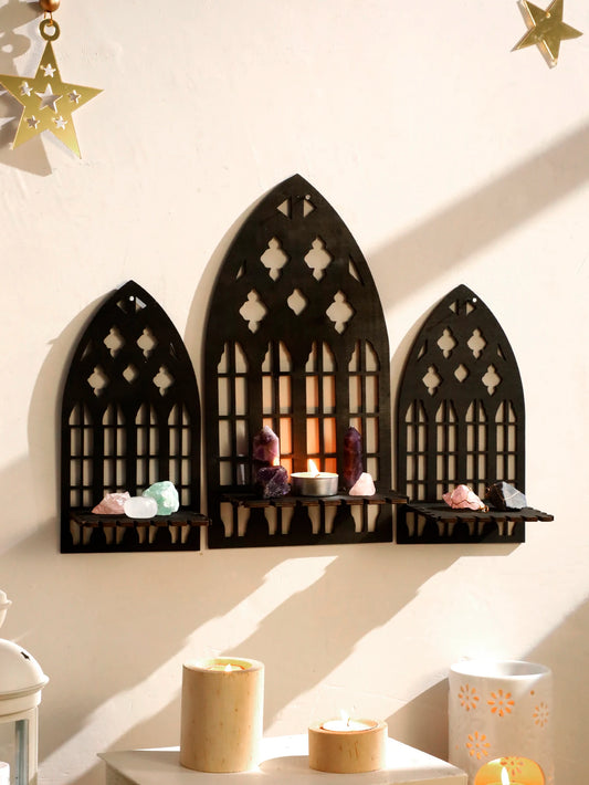 3 Pcs Gothic Wooden Hollow Wall Decor – Vintage Cathedral Arch Floating Shelves Set