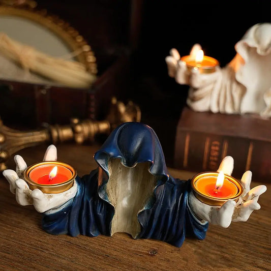 Halloween Grim Reaper Candle Holder – Gothic Resin Candlestick Statue for Spooky Home Decor