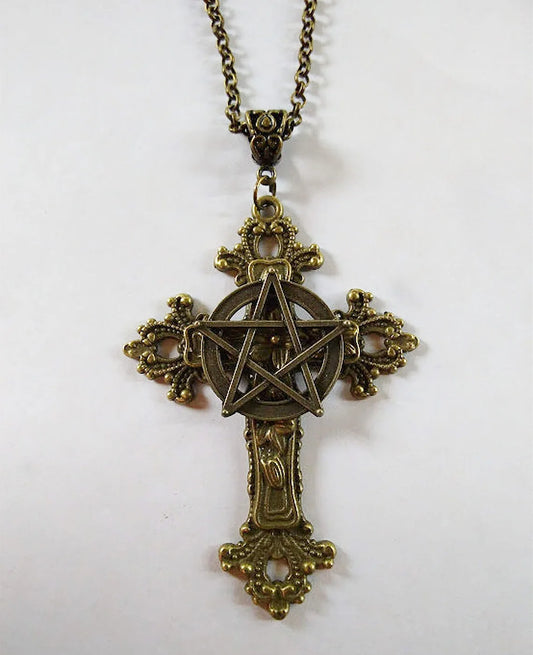 Pentagram Cross Necklace – Gothic Retro Pagan Velvet Choker with Carved Inverted Cross