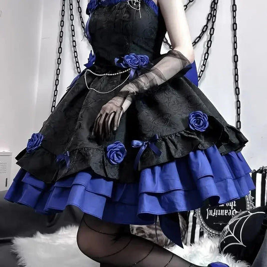 COALFELL Vintage Blue Gothic Lolita JSK Dress – Elegant Rose Ruffle Bow Princess Dress for Women