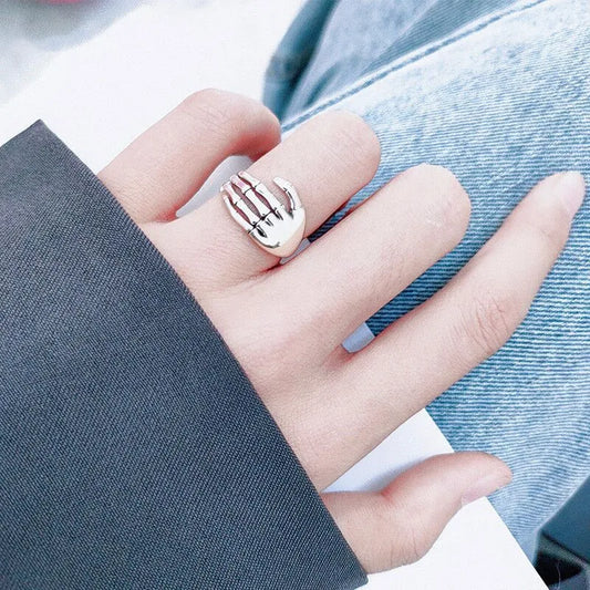925 Sterling Silver Skeletal Hand Open Ring – Luxury Gothic Jewelry for Women