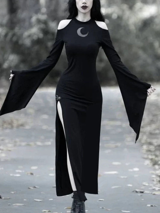 AltGoth Aesthetic Dark Gothic Dress – Vintage Streetwear Halloween Moon Hollow-Out Flare Sleeve O-Neck Dress for Women