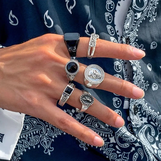 6Pcs/Set Goth Vintage Skeleton Skull Rings – Antique Silver Color Unisex Punk Knuckle Jewelry Accessories