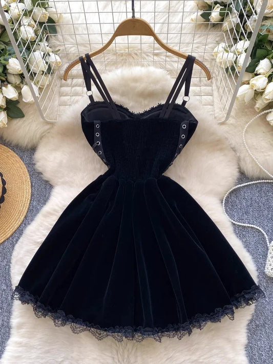 Dark Academia Gothic Summer Sexy Lolita Dress – Vintage Bandage Corset Lace Mini Dress for Women