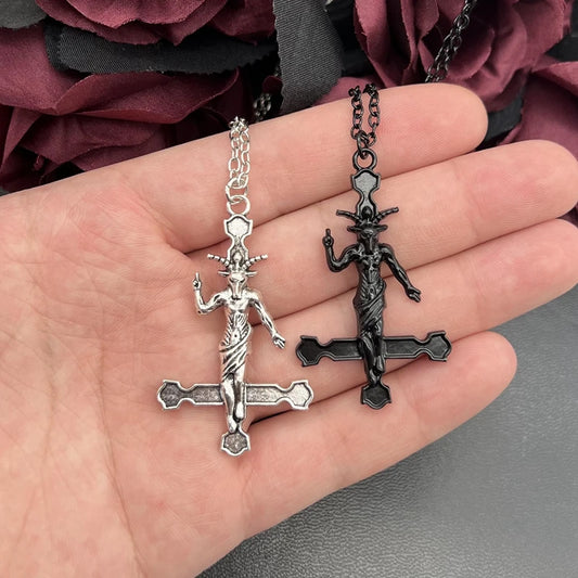 Gothic Satanic Baphomet Inverted Cross Pendant Necklace – Lucifer-Inspired Demon Jewelry
