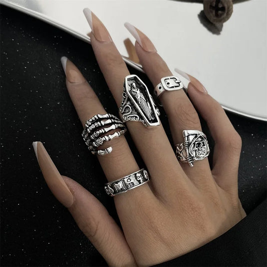 6Pcs Punk Poker Joker Silver Color Rings – Goth Skeleton Billiards Set for Men