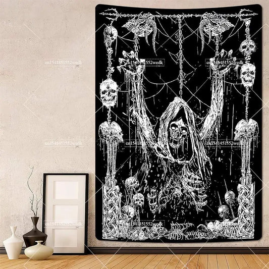 Goth Skull Tapestry – Devil Satanic Wall Hanging with Batwing Skeleton Design