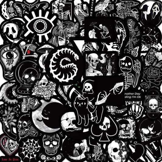 50Pcs Black & White Gothic Graffiti Stickers – Skull DIY Decals for Motorcycle, Laptop, Phone & More