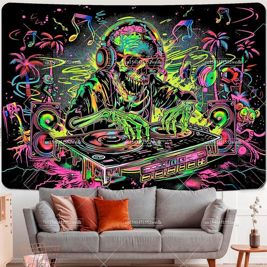 Skull Blacklight Tapestry – UV Reactive Trippy Hip Hop DJ Skeleton Neon Wall Hanging