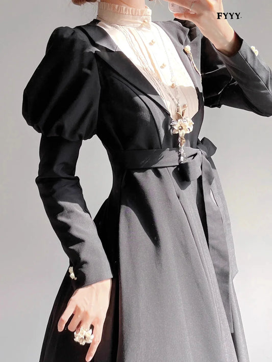 Coalfell Vintage Gothic Black Lolita Dress – Slim Fit, Long Sleeves, Puffy Large Hem, Autumn Elegance
