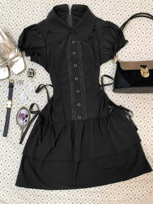 Vintage Black High Street Patchwork Dress – Summer Gothic Slim Bow Short Sleeve Dress for Women