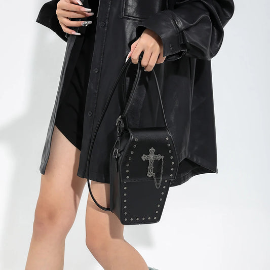 Women’s Coffin Satchel Purse – Gothic PU Leather Crossbody Phone Bag
